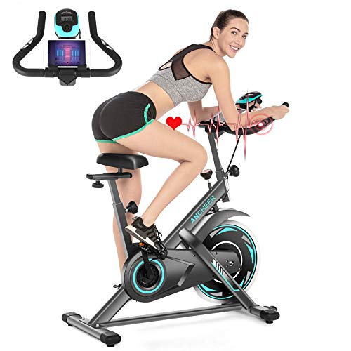 ANCHEER Exercise Bike,49Lbs Indoor Cycling Bike with Unlimited resistance，Belt Drive Stationary Bike with LCD Monitor,Phone & Water Holder for Home Gym Cardio Workout Bike Training