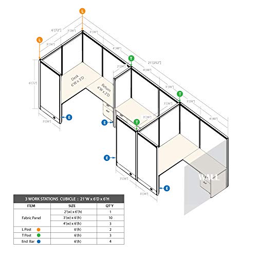 G GOF 3 Person Separate Workstation Cubicle (6'D x 21'W x 4'H) - Walnut / Office Partition
