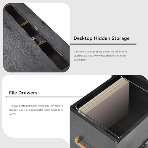 Merax Executive Writing Desk with File Drawers, USB Ports, Outlets, Hidden Compartment - 70" Black+Gold