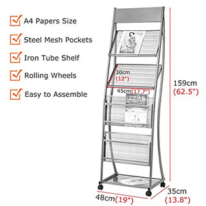 YXX Floor-Standing Magazine Rack with 4 Pockets & Casters, Gold