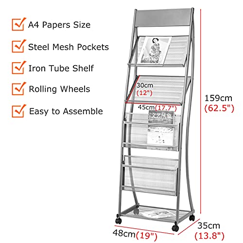 YXX Floor-Standing Magazine Rack with 4 Pockets & Casters, Gold