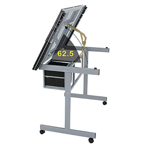 Adjustable Rolling Drawing Drafting Silver Black Table Tempered Safety Glass Top Art Craft Work Station Desk Board Work Hobby Stool Durable Powder-Coated Steel Frame 2 Slide-Out Drawer Storage