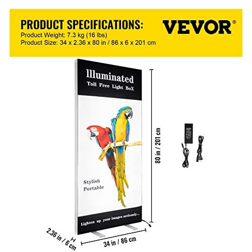 VEVOR LED Poster Frame, 34" x 80" Large Sidewalk Sign, Backlighting LED Light Box with Aluminum Frame & Stable Base, Illuminated Photo Frame for Poster Advertising Display