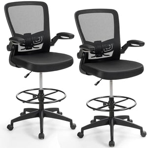 COSTWAY Drafting Chair with Flip-up Armrests & Adjustable Foot Ring, High Back, Ergonomic Lumbar Support - Black (2 Pack)
