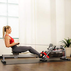 Sunny Health & Fitness Water Rowing Machine Rower w/ LCD Monitor, 265 Max Weight, Adjustable Footpads and Foldable 48" Aluminum Slide Rail - SF-RW5866, Gray