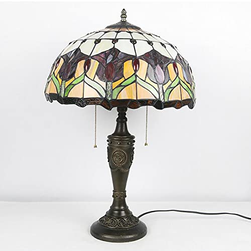 MaGiLL Tiffany Style Desk Lamp, Stained Glass Lampshade, Tulip Resin Base, Vintage Office Light - 16 Inch