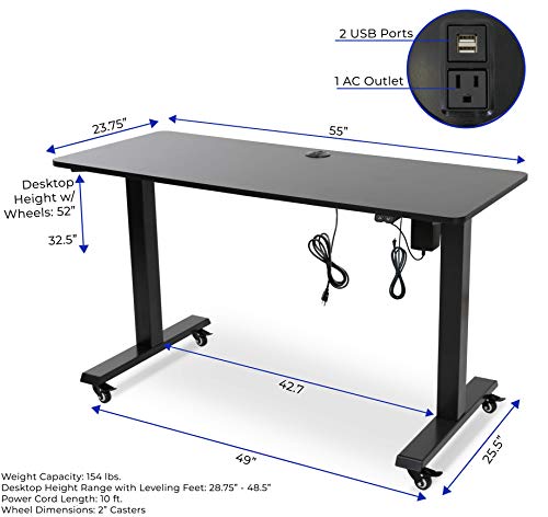 Stand Steady Tranzendesk Power | 55 Inch Electric Standing Desk with Built-In Charging | Height Adjustable Sit to Stand Desk | Electronic Standing Workstation with 1 AC Outlet & 2 USB Ports (55/Black)