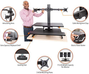 Stand Steady Techtonic | Electric 3 Arm Monitor Mount Standing Desk | Stand Up Desk Converter with Keyboard Tray Supports 3 Screens | Easy & Quiet Sit to Stand with the Push of a Button! (Black)