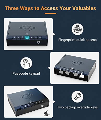 ONNAIS Gun Safe - Biometric Gun Safe for Pistols, Quick-Access Handgun Safe Gun Lock Box Firearm Safety Device with Fingerprint Lock, Keypad and Keys, Pistol Safe for Home Bedside Nightstand Car
