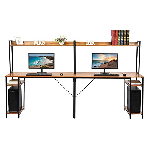 94.5 Inch Double Computer Desk, 2 Person Desk with Hutch & Storage Shelves, Extra Long Home Office Computer Table Writing Study Table Double Workstation Home Office Desk (Brown)