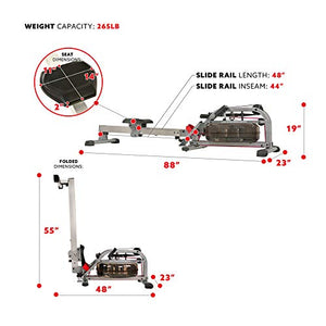 Sunny Health & Fitness Water Rowing Machine Rower w/ LCD Monitor, 265 Max Weight, Adjustable Footpads and Foldable 48" Aluminum Slide Rail - SF-RW5866, Gray