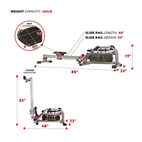 Sunny Health & Fitness Water Rowing Machine Rower w/ LCD Monitor, 265 Max Weight, Adjustable Footpads and Foldable 48" Aluminum Slide Rail - SF-RW5866, Gray