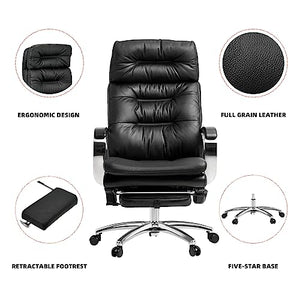 Kinnls Vane Massage Office Chair with Footrest - Executive Genuine Leather Desk Task Chair - 500lbs (Black)