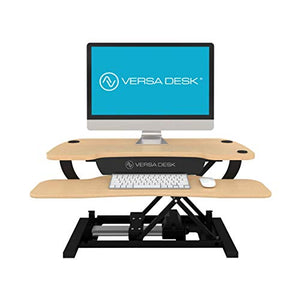 VersaDesk Power Pro USA Manufactured | Electric Height-Adjustable Desk Riser | Standing Desk Converter | Sit to Stand Desktop with Keyboard + Mouse Tray | 36" X 24" | Black Frame, Maple Body