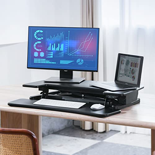 Aveyas Electric 32" Motorized Standing Desk Converter, Height Adjustable Sit to Stand Riser with Dual Monitor Lift