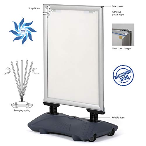 M&T Displays WindPro Weather and Wind Resistant Outdoor Pavement Curb Sidewalk Sign Holder for 24x36 Inch Posters Silver Aluminum Easy Front Loading Snap Frame Durable HDPE Gray NewTech Water Base