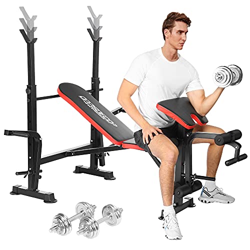 Olympic Weight Bench Adjustable Workout Bench Multifunctional Workout Station with Preacher Curl, Leg Developer for Indoor Exercise (Red)