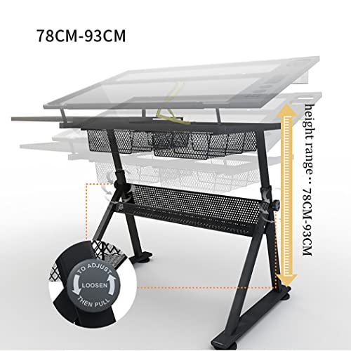 None Drafting Table for Artists, Height Adjustable with Stool, Tempered Glass Top, 2 Drawers, Up to 50° Tiltable