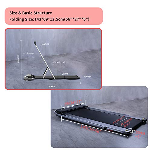 RHYTHM FUN Treadmill Under Desk Treadmill 2-in-1 Folding Running Walking Treadmill with Foldable Handtrail and Speed Sensor Light Slim Mini Quiet Treadmill with Smart Remote Workout App forHome/Office