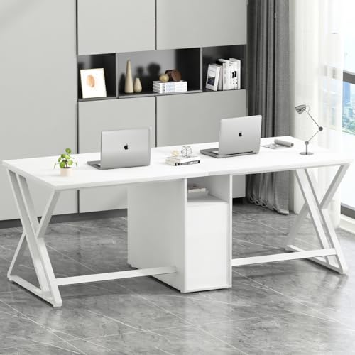 LVB Large 2 Person White Computer Desk with File Cabinet and Storage Shelf
