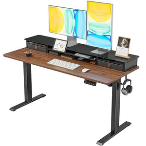FEZIBO Height Adjustable Glass Electric Standing Desk with Double Drawer, Storage Shelf - 48 x 24 Inch, Black Walnut
