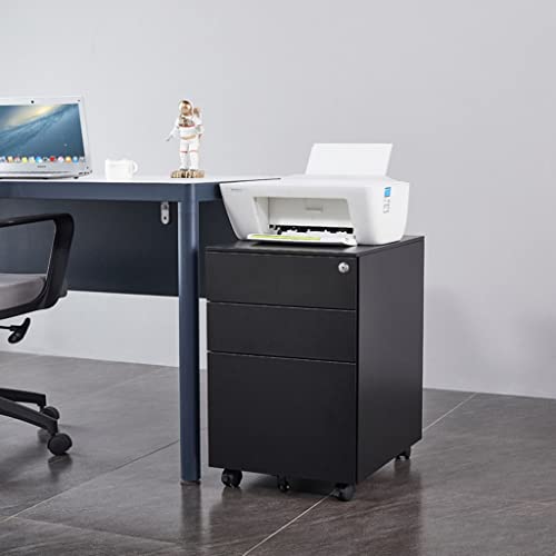 Steel File Cabinet with Roller and Lock, 3-Drawer Mobile Storage Cabinet for Home Office (Black, 60x39x50cm)