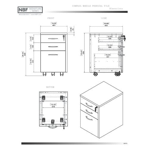 NBF Signature Series Mobile Pedestal File Cabinet - 16" Wx20.25 Dx26 H - Light Brown Woodgrain Laminate