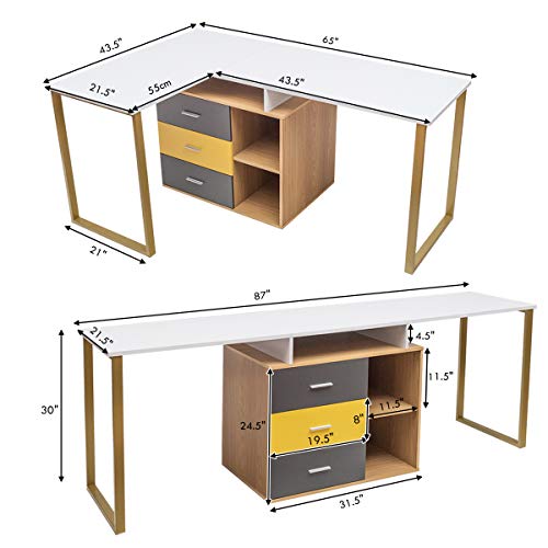 Tangkula 87 inch 2-Person Desk Double Computer Desk, Multifunction L-Shaped Desk w/ 3 Storage Drawers & 2-Tier Shelves, Writing Desk Computer Workstation with Spacious Desktop, Home Office Desk