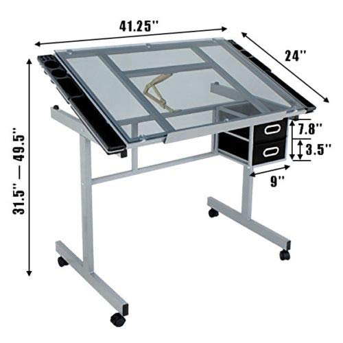 9TRADING Adjustable Hydraulic Salon Stool Chair + Drawing Desk Drafting Table Glass Top