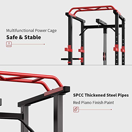 Power Cage 1000-Pound Capacity Exercise Stand Olympic Squat Cage Power Rack with LAT Pull-Down Attachment, Multi-Grip Pull-up Bar and Dip Handle for Men Women Strength Training Home Gym Equipment