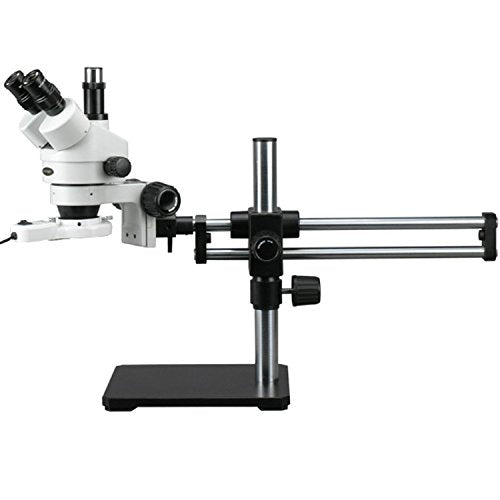 AmScope SM-5TZ-FRL Professional Trinocular Stereo Zoom Microscope, WH10x Eyepieces, 3.5X-90X Magnification, 0.7X-4.5X Zoom Objective, 8W Fluorescent Ring Light, Ball-Bearing Double-Arm Boom Stand, 110V-120V, Includes 0.5X and 2.0X Barlow Lenses