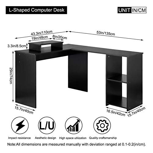 Yyl Computer Desk L-Shaped Large Corner PC Laptop Desk Study Table Workstation Gaming Desk for Home and Office Small Space - Black Wood Grain