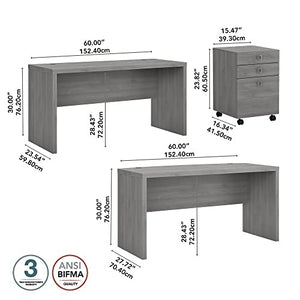 Bush Business Furniture Echo Bow Front Desk and Credenza Set with Mobile File Cabinet - 60W, Modern Gray