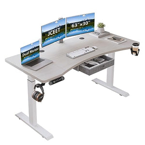 Jceet Electric Standing Desk with Drawer, 63x30 Inches Adjustable Height Sit Stand Up Desk - Pale Pearwood Top/White Frame