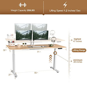 FinerCrafts Electric Standing Desk 71" x 32" Dual-Motor Height Adjustable Home Office Desk - Natural Maple/White