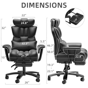 GXJ Big and Tall Reclining Office Chair 400LBS with Footrest, High Back Executive Desk Chair for Heavy People - Black