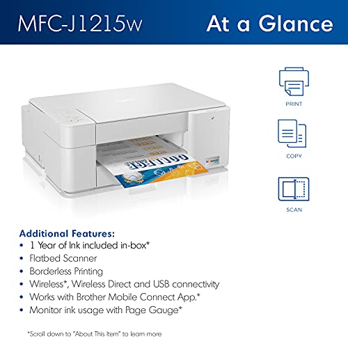 Brother MFC-J1215W INKvestment Tank Wireless All-in-One Color Inkjet Printer for Home Office - Print, Copy, Scan - 16 ppm, 1200 x 600 dpi, Voice Control, 150 Sheets - BROAGE 6 Feet Printer Cable