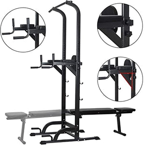 baodanla Power Tower with Weight Bench, Pull Up Bar Dip Station, Height Adjustable Pull Up Tower for Home Gym Strength Training Exercise Workout Equipment, Support Up to 400LBS