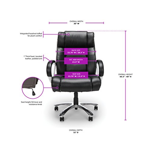 OFM Avenger Series Big and Tall Leather Executive Chair - Black Computer Chair with Arms, Black/Chrome (810-LX-BLK)
