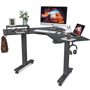 FEZIBO L-Shaped Electric Standing Desk, 48 Inches Height Adjustable Corner Desk, Full Sit Stand Home Office Table with Splice Board, Black Frame/Black Top