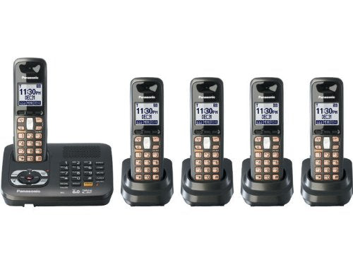 Panasonic KX-TG6445T DECT 6.0 Cordless Phone with Answering System, Metallic Black, 5 Handsets