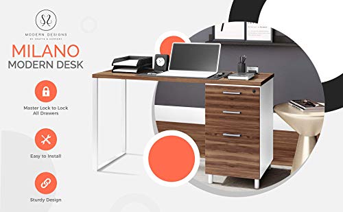 Milano Home & Office Computer Desk with 3 Detachable Locked Drawers (Cass Walnut/White)