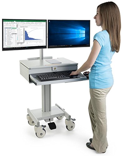Displays2go Mobile Medical Cart with 2 Monitor Holders, Height Adjustable, Pullout Tray - Gray