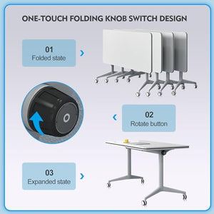 JNMDLAKO White Office Conference Room Table with Locking Casters, Foldable Flip Top Portable Training Desk (4Pcs 140CM)