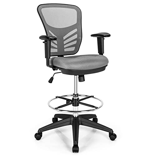 Mesh Drafting Chair with Adjustable Armrests & Footrest - Grey