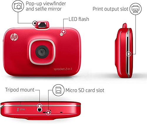 HP Sprocket 2-in-1 Portable Photo Printer & Instant Camera, print social media photos on 2x3" sticky-backed paper - Red (2FB98A)
