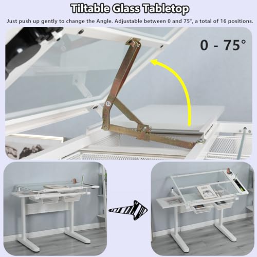 Gynsseh Glass Drafting Table with Stool, Height Adjustable, Tilting Tabletop - S2-White