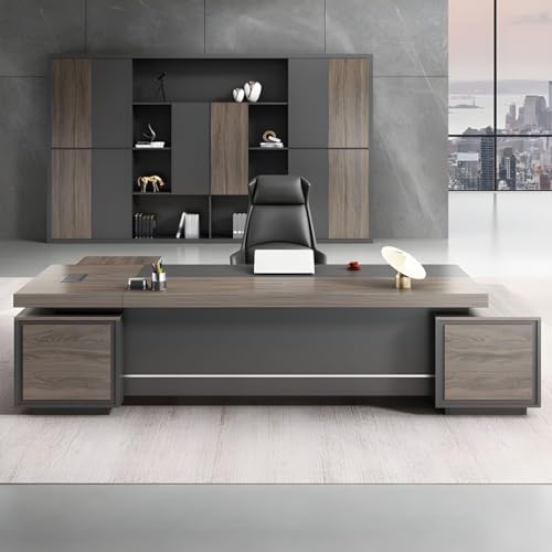 KWOKING Executive Brown L-Shape Writing Desk with Drawers - 94.5" x 63" x 29.5