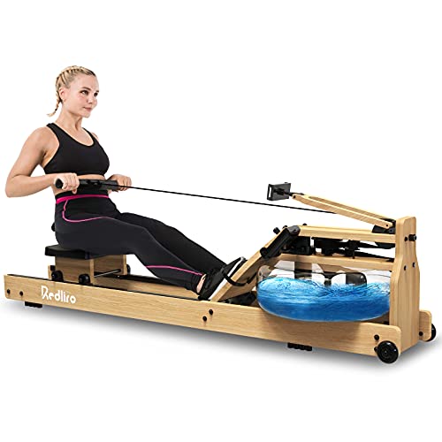 REDLIRO Water Rowing Machine Wood Folding Water Resistance Rower for Home Gym Use Oak Wooden Indoor Fitness Sports Training Equipment Bluetooth LCD Monitor (Electric Water Pump Included)