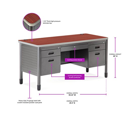 OFM Mesa Series 5-Drawer Steel Desk with Laminate Top - Durable Locking Utility Desk, Cherry, 30" x 60" (66360-CHY)
